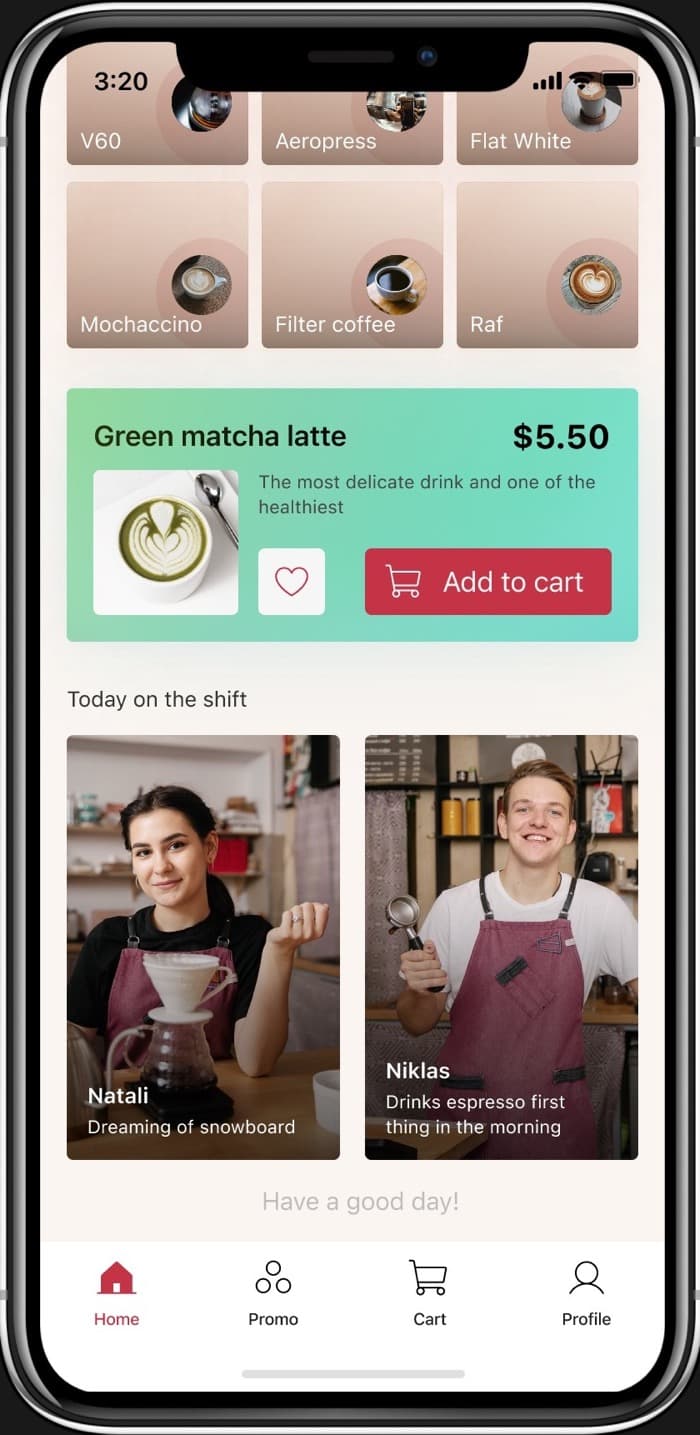 App screen showing baristas working on today's shift