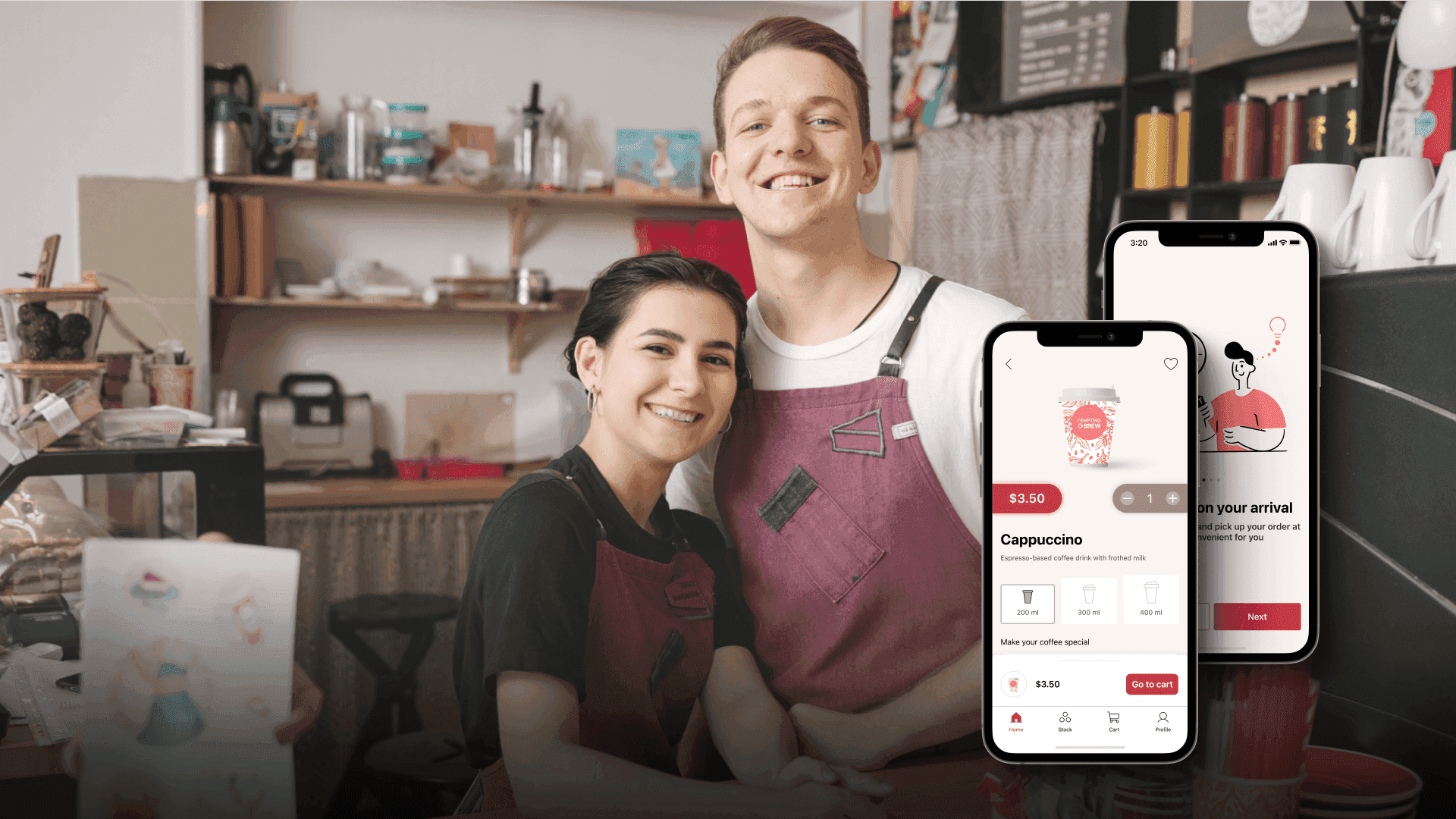 Two smiling baristas next to phone mockups of the coffee app