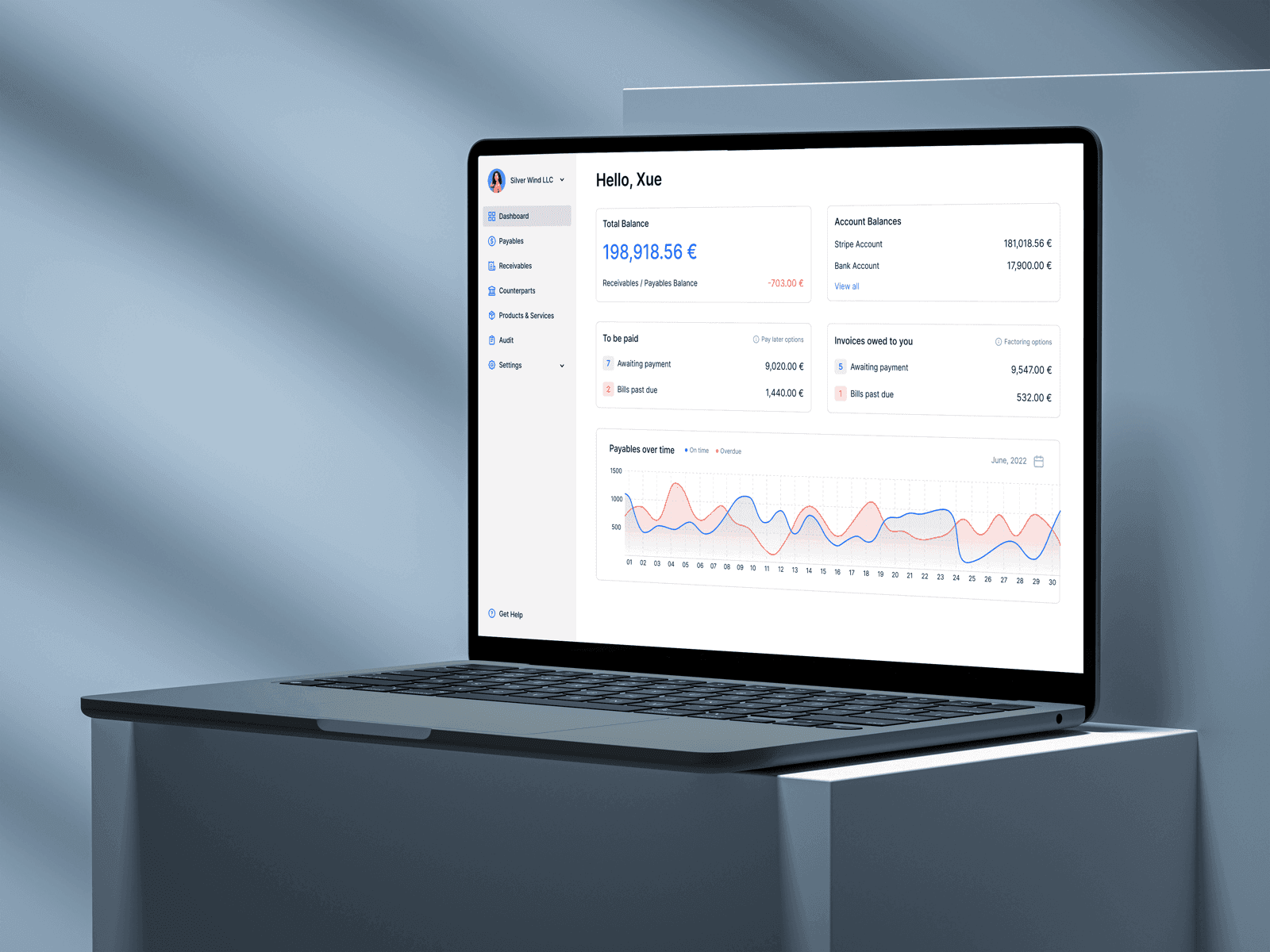 Desktop monitor showing the Monite accounts payable dashboard