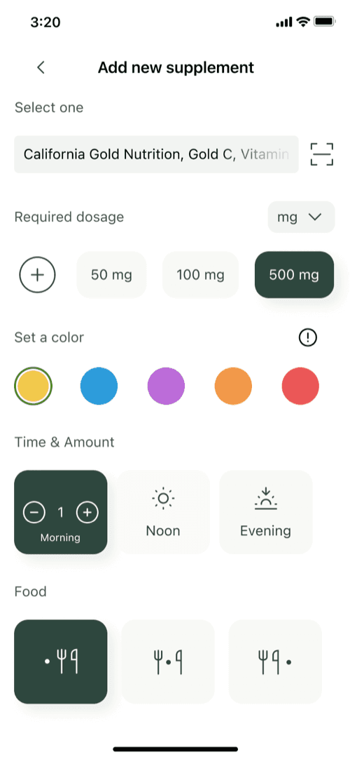 Supplements tracking app screens