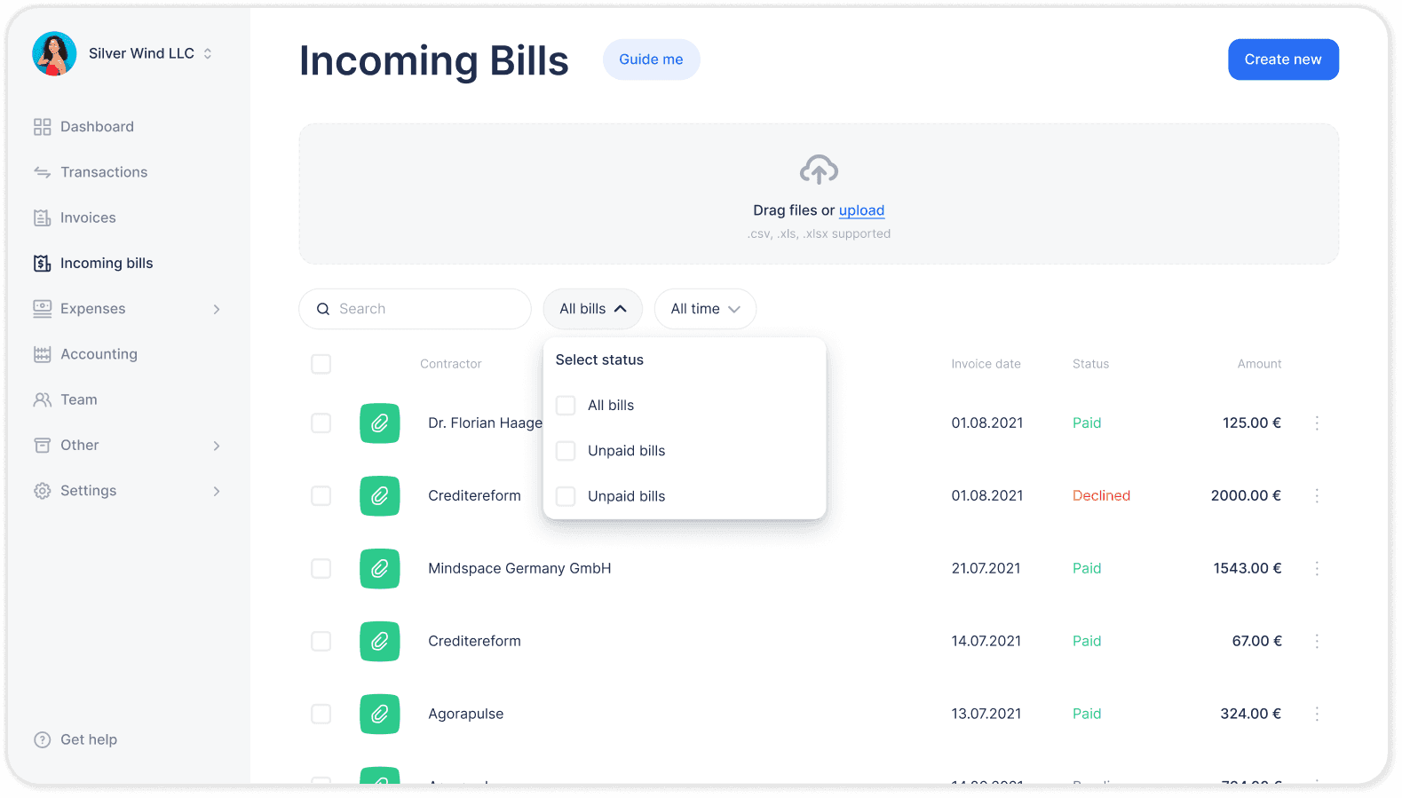 Bills list with a to-do filter applied