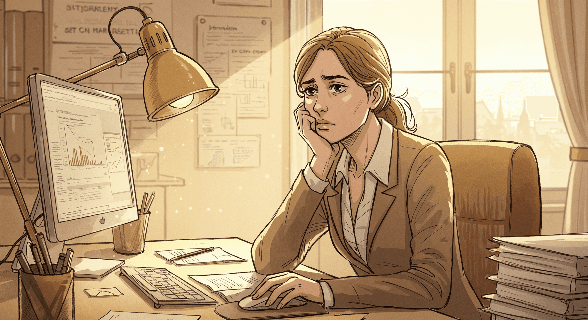 Illustration of a worried HR admin at her desk checking notes
