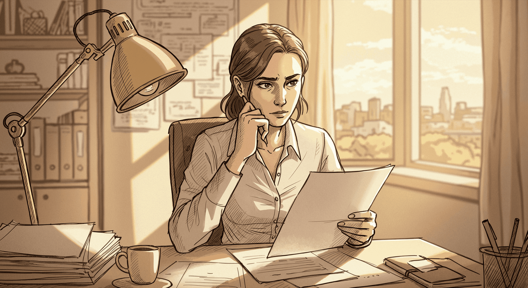 Illustration of an HR admin reviewing papers under a desk lamp